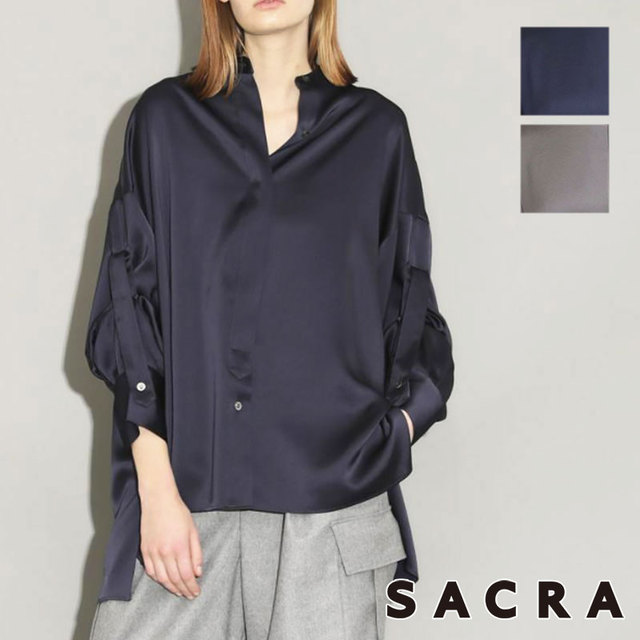 SACRA サクラ シャツ TRIACE SATIN SHIRT 123517071 NAVY(ネイビー