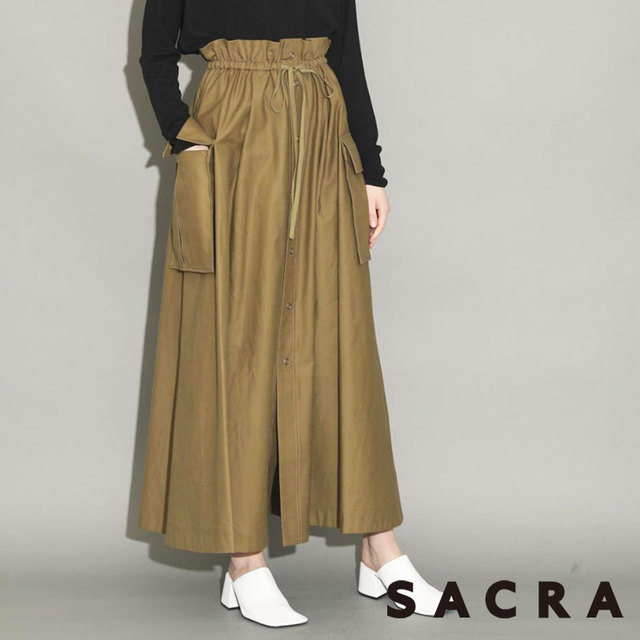 SACRA サクラ スカート COTTON BACK SATIN SKIRT OLIVE 123524121