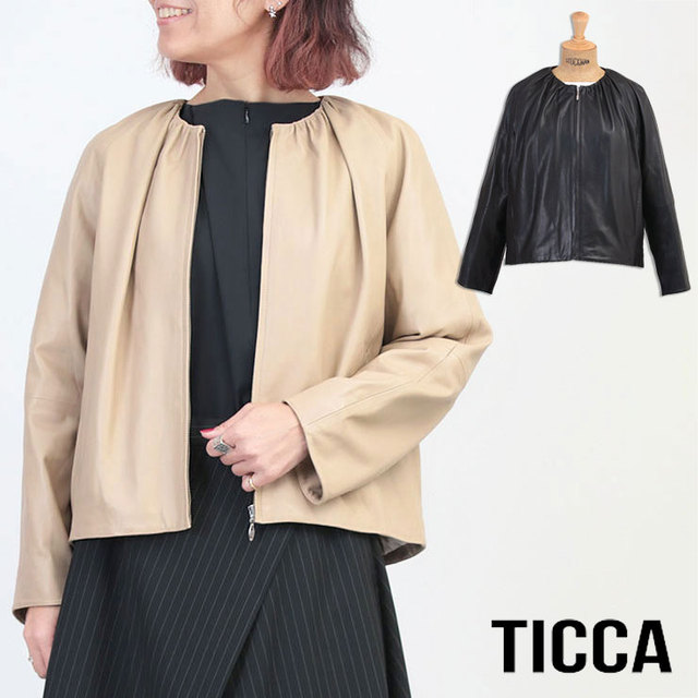 ticca ティッカ レザージャケット シングル ジップ ラウンドネック 羊革 ソフト